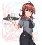  1girl ahoge alternate_costume alternate_eye_color arashi_(kantai_collection) bangs black_neckwear black_skirt blush collared_shirt commentary_request crossed_bangs cup dated eyebrows_visible_through_hair gift gloves hair_between_eyes hand_on_hip holding holding_tray jouhou kantai_collection messy_hair mug name_tag neckerchief notepad parted_lips pen pocket redhead shirt sidelocks skirt smile solo striped striped_shirt tray twitter_username violet_eyes white_gloves 