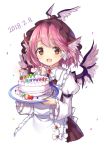  1girl :d absurdres animal_ears apron arm_strap blush bow bowtie brown_eyes brown_hat cake candle confetti dated eyebrows_visible_through_hair feathered_wings fire flame food frilled_apron frills happy_birthday hat highres holding holding_plate juliet_sleeves leaf long_sleeves looking_at_viewer mystia_lorelei open_mouth pink_hair pink_wings plate puffy_sleeves risui_(suzu_rks) short_hair simple_background smile solo tareme touhou upper_body white_apron white_background white_bow white_neckwear winged_hat wings 