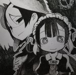  1boy 1girl age_difference black_eyes capelet greyscale hair_between_eyes light_smile looking_at_viewer made_in_abyss maid_headdress maruruk monochrome no_pupils ozen signature sweatdrop traditional_media tsukushi_akihito upper_body wavy_mouth whistle whistle_around_neck 