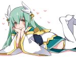  1girl fate/grand_order fate_(series) green_hair hammer_(sunset_beach) heart horns japanese_clothes kiyohime_(fate/grand_order) long_hair looking_at_viewer lying on_stomach simple_background smile solo thigh-highs white_background white_legwear yellow_eyes 