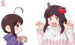  2girls :3 ahoge alternate_costume beans black_hair blue_eyes box braid commentary_request curled_fingers dated hair_ornament hair_over_shoulder kanon_(kurogane_knights) kantai_collection logo masu multiple_girls oni_mask red_eyes ribbed_sweater setsubun shigure_(kantai_collection) short_hair simple_background single_braid sweater upper_body white_background white_sweater yamashiro_(kantai_collection) younger 