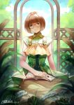  1girl bangs book brown_hair chiiririn crop_top dress envelope erica_brown glasses letter looking_at_viewer open_book orange_eyes outdoors short_hair sitting sleeveless sleeveless_dress smile solo violet_evergarden 