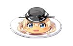  :d blonde_hair blue_eyes commentary_request food hat highres ijima_yuu kantai_collection object_namesake objectification open_mouth peaked_cap plate prinz_eugen_(kantai_collection) pudding smile twintails 