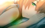  1girl alternate_costume alternate_hairstyle blush brown_hair chyt closed_mouth crossed_bangs eyebrows_visible_through_hair girls_frontline green_eyes hair_between_eyes half-closed_eye head_on_pillow highres long_hair looking_at_viewer lying m1903_springfield_(girls_frontline) on_stomach one_eye_closed pillow signature singlet solo tareme white_singlet 