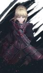  1girl arka91 armor armored_dress artoria_pendragon_(all) black_dress blonde_hair dress eyebrows_visible_through_hair fate/stay_night fate_(series) floating_hair gauntlets highres looking_at_viewer saber_alter short_hair_with_long_locks sidelocks solo standing yellow_eyes 