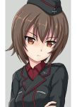  1girl black_hat black_jacket brown_eyes brown_hair eyebrows_visible_through_hair flipper girls_und_panzer hair_between_eyes hat jacket military military_hat military_uniform nishizumi_maho red_shirt shirt short_hair solo uniform upper_body 