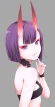  1girl bob_cut breasts eyebrows_visible_through_hair fang fang_out fate/grand_order fate_(series) finger_to_mouth ha-ru headpiece highres horns looking_at_viewer oni oni_horns parted_lips pointy_ears purple_hair short_hair shuten_douji_(fate/grand_order) small_breasts smile solo upper_body violet_eyes 