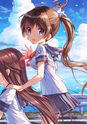  2girls absurdres black_hair blue_eyes blue_sky blurry brown_hair bunny_hair_ornament clouds cloudy_sky commentary_request depth_of_field guard_rail hair_ornament highres kankurou long_hair looking_at_viewer multiple_girls ocean original out_of_frame pleated_skirt ponytail school_uniform serafuku skirt sky wind 