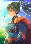  1girl dress field fire_emblem fire_emblem:_rekka_no_ken fire_emblem_heroes fur_trim green_eyes green_hair hector_(fire_emblem) high_ponytail kokouno_oyazi long_hair lyndis_(fire_emblem) ponytail sky solo 