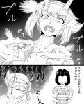  2girls alternate_costume cake commentary_request food greyscale haguro_(kantai_collection) headgear holding holding_cake holding_food ishii_hisao kantai_collection long_sleeves matchbox matchstick monochrome multiple_girls mutsu_(kantai_collection) short_hair translation_request trembling 