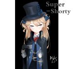  1girl absurdres asil bangs belt belt_buckle black_gloves black_hat blonde_hair blue_bow blue_eyes blush bow bowtie buckle buttons chains character_name closed_mouth clouds collared_shirt cross crucifix cup dated formal girls_frontline gloves hair_between_eyes hair_bow hair_ribbon hands_together hat hat_bow head_tilt high_collar highres holding holding_cup long_hair long_sleeves looking_away open_clothes pocket_watch red_bow ribbon road shirt shorts sidelocks sign signature simple_background sleeve_cuffs solo street super_shorty_(girls_frontline) teacup top_hat tsurime two_side_up watch white_gloves white_shirt 