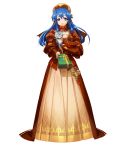  1girl blue_eyes blue_hair box bunbun choker dress fire_emblem fire_emblem:_fuuin_no_tsurugi fire_emblem_heroes flower full_body gift gift_box hat highres holding holding_gift juliet_sleeves lilina long_dress long_hair long_skirt long_sleeves looking_at_viewer official_art open_mouth puffy_sleeves ribbon rose skirt solo transparent_background white_flower white_rose 