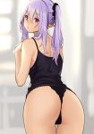  1girl ass back bare_shoulders black_panties eyebrows_visible_through_hair hair_between_eyes houtengeki long_hair looking_at_viewer original panties pointy_ears purple_hair scrunchie solo twintails underwear violet_eyes 