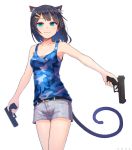  1girl :3 amekaze_yukinatsu animal_ears bangs bare_arms bare_shoulders black_hair blue_eyes blue_tank_top blush camouflage cat_ears cat_girl cat_tail closed_mouth collarbone commentary dual_wielding grey_shorts gun hair_ornament hairclip handgun highres holding holding_gun holding_weapon looking_at_viewer original pistol short_hair short_shorts shorts simple_background solo tail tank_top weapon weapon_request white_background 