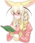  1girl alternate_hairstyle animal_ears blonde_hair blush book braid brown_eyes closed_mouth fennec_(kemono_friends) glasses holding holding_book kemono_friends long_sleeves looking_away multicolored_hair reading semi-rimless_eyewear smile solo takatsuki_nao two-tone_hair upper_body white_hair 