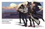  1girl 2boys aircraft airship aranea_highwind armor black_hair blue_sky boots brown_hair clouds decoponmagi final_fantasy final_fantasy_xv glasses grey_hair ignis_scientia map multiple_boys noctis_lucis_caelum pointing sky spiky_hair suspenders 