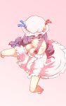  1girl bare_shoulders barefoot between_legs blue_ribbon blush breasts cleavage commentary crescent from_above full_body hand_between_legs hat hat_ribbon highres large_breasts long_hair mob_cap no_bra non_(z-art) pajamas patchouli_knowledge pink_background purple_hair red_ribbon ribbon sitting solo touhou 
