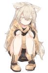  1girl animal_ears bare_legs black_panties expressionless hands_on_own_knees highres hood hoodie long_hair no_pants orange_footwear orange_hoodie original panties pantyshot pantyshot_(squatting) silver_hair simple_background sketch squatting tail tsunekichi underwear yellow_eyes 