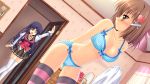  1boy 1girl blue_bra blue_panties bra breasts cleavage game_cg highres ichinose_kokoro ima_mo_itsuka_mo_faluna_luna kamiya_tomoe panties pervert school_uniform thigh-highs trap underwear underwear_only 