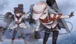  2girls anchor armor belt black_gloves black_legwear black_skirt blue_eyes boots breasts brown_gloves cannon closed_mouth dress flat_cap gangut_(kantai_collection) gloves grey_hair hat hibiki_(kantai_collection) kantai_collection long_hair long_sleeves looking_at_another looking_at_viewer medium_breasts military military_hat military_jacket military_uniform miniskirt multiple_girls naval_uniform ocean pantyhose peaked_cap pipe rabochicken red_eyes red_shirt sailor_collar sailor_dress sailor_hat scarf school_uniform serafuku shirt shoes silver_hair skirt small_breasts snowing torpedo turret uniform verniy_(kantai_collection) 