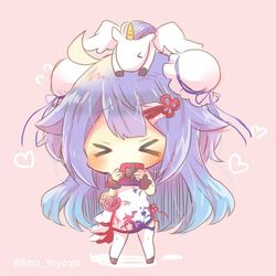  &gt;_&lt; 1girl ahoge azur_lane blue_hair box bun_cover chibi china_dress chinese_clothes commentary_request double_bun dress gift gift_box hair_ornament holding kouu_hiyoyo long_hair looking_at_viewer lowres pegasus simple_background thigh-highs twitter_username unicorn unicorn_(azur_lane) white_legwear wrist_cuffs 