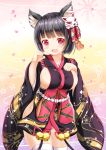  1girl :d animal_ears azur_lane bangs bell black_hair black_kimono blunt_bangs blush bob_cut breasts cat_ears commentary_request fang floral_print fox_mask hand_on_own_chest hands_up head_tilt highres japanese_clothes jingle_bell kimono large_breasts looking_at_viewer mask mask_on_head open_mouth paw_pose print_kimono red_eyes short_hair sideboob smile solo thigh-highs white_legwear yamashiro_(azur_lane) zenon_(for_achieve) 