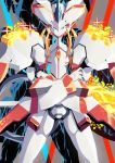  absurdres crossed_arms dark_persona darling_in_the_franxx glowing highres light_particles looking_at_viewer mecha no_humans potechi_(german_potato) serious solo sparkle standing strelizia 