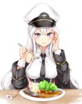  1girl azur_lane bangs bare_shoulders belt black_jacket black_neckwear blush breasts collared_shirt eating enterprise_(azur_lane) eyebrows_visible_through_hair food food_on_face hair_between_eyes hair_over_shoulder hand_in_hair hat heart holding holding_spoon ikasoke_(likerm6au) jacket large_breasts long_hair looking_at_viewer necktie peaked_cap shirt sidelocks silver_hair simple_background sleeve_cuffs sleeveless sleeveless_shirt solo very_long_hair violet_eyes white_background white_shirt wing_collar 