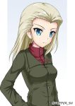  1girl artist_name blonde_hair blue_eyes breasts clara_(girls_und_panzer) flipper girls_und_panzer green_jacket hand_on_hip jacket long_hair medium_breasts military military_uniform red_shirt shirt smile solo uniform upper_body 