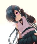  1girl black_hair blush bodysuit cold_(hoshinoskull) eyepatch fate/grand_order fate_(series) fishnet_bodysuit fishnets from_below highres japanese_clothes low_twintails miko mochizuki_chiyome_(fate/grand_order) rope shimenawa twintails violet_eyes 
