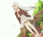  1girl albino bangs barefoot cape dress elysion flower highres hood hrmnas in_tree lafrenze long_hair red_cape red_eyes sitting sitting_in_tree solo sound_horizon spider_lily tree white_dress white_hair 