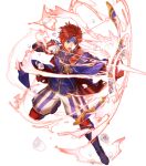  1boy arrow blue_eyes bow_(weapon) bunbun cape fire_emblem fire_emblem:_fuuin_no_tsurugi full_body headband highres male_focus official_art open_mouth redhead roy_(fire_emblem) short_hair solo weapon 