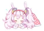  1girl :o animal_ears azur_lane bangs blush closed_eyes eyebrows_visible_through_hair hair_ornament hairband jacket laffey_(azur_lane) long_hair long_sleeves lying on_stomach parted_lips pink_jacket polka_dot rabbit_ears red_hairband shijimi_kozou silver_hair simple_background sleeves_past_wrists solo white_background 