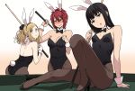  3girls aizawa_tomo animal_ears billiards black_hair blonde_hair blush bow bowtie bunny_tail bunnysuit carol_olston cue_stick fang gundou_misuzu highres long_hair multiple_girls official_art ponytail pool_table rabbit_ears redhead short_hair tail thigh-highs tomo-chan_wa_onna_no_ko yanagida_fumita 