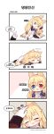  /\/\/\ 1girl 4koma :&lt;&gt; :3 :d animal_ears babydoll bangs black_legwear blonde_hair blue_eyes blush blush_stickers cat_ears chibi closed_eyes comic detached_collar elbow_gloves eyebrows_visible_through_hair fang foreign_blue g41_(girls_frontline) girls_frontline gloves hair_between_eyes hair_ornament heterochromia highres index_finger_raised korean long_hair long_sleeves lying mismatched_legwear navel on_stomach open_mouth out_of_frame outstretched_arms parted_lips petting pleated_skirt purple_gloves red_eyes skirt smile thigh-highs translation_request upper_teeth very_long_hair white_babydoll white_collar white_gloves white_legwear white_skirt 