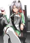  akitsushima_(kantai_collection) armor blush breasts closed_mouth cup drinking_glass eyebrows_visible_through_hair grey_hair hair_ornament highres jacket kantai_collection long_hair looking_at_viewer medium_breasts miniskirt ponytail red_wine simple_background skirt tama_(seiga46239239) thigh-highs throne turret violet_eyes whine white_background wine_glass 