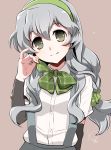  1girl bow bowtie braid commentary_request curly_hair grey_eyes hairband kantai_collection long_hair looking_at_viewer school_uniform silver_hair simple_background single_braid smile solo suspenders yamagumo_(kantai_collection) yuzuki_yuno 