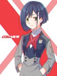  1girl blue_hair closed_mouth cogara darling_in_the_franxx green_eyes hair_ornament hairclip hands_in_pockets ichigo_(darling_in_the_franxx) short_hair solo uniform 