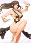  1girl alternate_costume alternate_hairstyle bracelet breasts brown_hair chun-li dress fighting_stance highres jewelry looking_at_viewer shigenobu smile solo spiked_bracelet spikes street_fighter street_fighter_v 