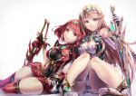  2girls armor artist_request blonde_hair blush breasts cleavage dress earrings fingerless_gloves gloves hair_ornament mythra_(xenoblade) pyra_(xenoblade) jewelry large_breasts long_hair looking_at_viewer multiple_girls red_eyes redhead short_hair shorts sidelocks simple_background smile sword tiara weapon white_background xenoblade xenoblade_2 yellow_eyes 