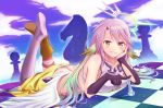  1girl angel_wings arm_tattoo breasts chess_piece commentary_request crop_top cross feathered_wings gloves gradient_hair grin halo jibril_(no_game_no_life) large_breasts long_hair looking_at_viewer low_wings lying magic_circle midriff mismatched_legwear multicolored_hair no_game_no_life on_stomach pink_hair queen_(chess) sideboob skyrail smile solo symbol-shaped_pupils tattoo teeth very_long_hair white_wings wing_ears wings yellow_eyes 