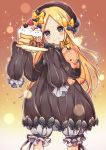  1girl abigail_williams_(fate/grand_order) absurdres bangs black_bow black_dress black_hat blonde_hair bloomers blue_eyes blush bow butterfly cake closed_mouth commentary dress eyebrows_visible_through_hair fate/grand_order fate_(series) food forehead fruit hair_bow hat head_tilt hi_(wshw5728) highres holding holding_plate lock long_sleeves looking_at_viewer object_hug orange_bow padlock parted_bangs plate polka_dot polka_dot_bow sleeves_past_fingers sleeves_past_wrists smile solo sparkle star strawberry stuffed_animal stuffed_toy teddy_bear underwear white_bloomers 