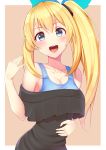  1girl alternate_costume bare_shoulders black_shirt blonde_hair blue_eyes blue_ribbon blue_tank_top blush breasts cleavage collarbone h3po4_chiba hair_between_eyes hair_ribbon hand_on_own_stomach hand_up highres long_hair looking_at_viewer mirai_akari mirai_akari_project off_shoulder open_mouth ribbon shirt side_ponytail smile solo 