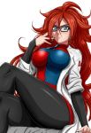  1girl android android_21 arm_support black-framed_eyewear black_nails blue_eyes breasts brown_hair checkered checkered_dress dragon_ball dragon_ball_fighterz dress earrings eyelashes glasses hoop_earrings jewelry labcoat large_breasts legs legs_crossed long_hair looking_at_viewer nail_polish ring sitting solo thick_thighs thighs 