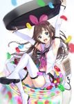 1girl a.i._channel armpits arms_up bangs barcode_tattoo black_ribbon boots brown_hair candy detached_sleeves double-breasted eyebrows_visible_through_hair food hair_ribbon hairband holding jar jelly_bean kizuna_ai long_hair long_sleeves looking_at_viewer macciatto_(aciel02) motion_blur navel pink_hairband pink_ribbon ribbon sailor_collar shirt shorts simple_background sitting sleeves_past_wrists solo tareme tattoo thigh-highs thigh_boots very_long_hair virtual_youtuber white_footwear white_hair white_sailor_collar white_shirt white_shorts 