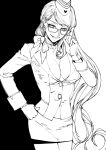  1girl breasts choker earrings fate/grand_order fate_(series) finger_to_eyewear formal glasses gloves hand_on_hip hat high_heels jewelry koyanskaya long_hair looking_at_viewer monochrome navel open_mouth ribbon_choker s_tanly skirt sleeve_cuffs smile solo suit very_long_hair 
