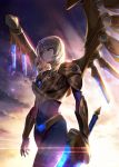  1girl aether_wing_kayle alternate_costume armor blonde_hair bodysuit breastplate covered_navel gloves glowing gold green_eyes ha2go halo highres holding holding_sword holding_weapon jewelry kayle league_of_legends long_hair mechanical_wings mole mole_under_eye necklace outdoors shoulder_armor solo sunset sword walking weapon wind wings 