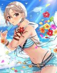  1girl :p bare_shoulders belt bikini bikini_top bird blue_ribbon blue_shorts blue_sky blush bracelet braid breasts brown_eyes cleavage closed_mouth clouds cowboy_shot cutoffs day earrings flower food front-tie_bikini front-tie_top hair_between_eyes hair_flower hair_ornament highres holding holding_food hooded_vest horizon idolmaster idolmaster_cinderella_girls jewelry leaf leaning_forward light_rays looking_at_viewer medium_breasts navel necklace ocean open_clothes open_vest petals popsicle ribbon shiomi_shuuko short_hair short_shorts shorts silver_hair sky smile solo sparkle standing stomach striped striped_bikini sunbeam sunlight swimsuit tomato_omurice_melon tongue tongue_out vest water water_drop wrist_ribbon 