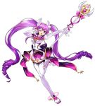  1girl ;d aisha_(elsword) artist_request boots bow brooch curly_hair dress elbow_gloves elsword full_body gloves jewelry long_hair looking_at_viewer magical_girl metamorphy_(elsword) official_art one_eye_closed open_mouth pink_bow purple_hair smile solo staff standing standing_on_one_leg thigh-highs thigh_boots twintails v violet_eyes white_bow white_dress white_footwear white_gloves zettai_ryouiki 