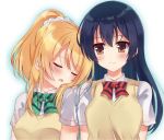  2girls ayase_eli bangs blonde_hair blue_hair blush bow bowtie cable closed_eyes closed_mouth commentary_request earphones earphones eyebrows_visible_through_hair green_neckwear hair_between_eyes leaning_on_person long_hair love_live! love_live!_school_idol_project multiple_girls nanahachi open_mouth otonokizaka_school_uniform ponytail red_neckwear school_uniform scrunchie shared_earphones shirt short_sleeves simple_background sleeping sleeping_on_person sleeping_upright smile sonoda_umi striped_neckwear upper_body vest white_background white_shirt yellow_eyes 